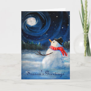 Snowman Gazes at Night Sky & Moon Holiday Card