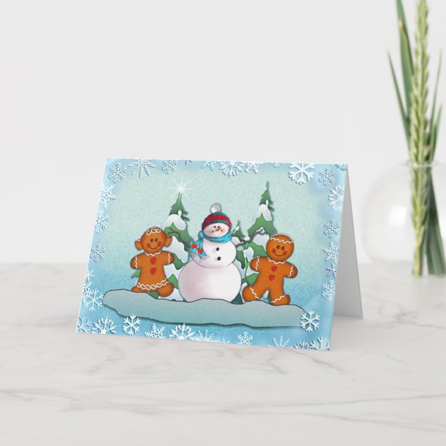 SNOWMAN & GINGERBREAD KIDS by SHARON SHARPE Holiday Card (Front)