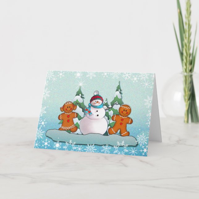 SNOWMAN & GINGERBREAD KIDS by SHARON SHARPE Holiday Card (Front)