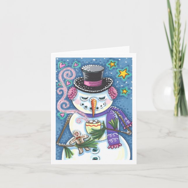 SNOWMAN, GINGERBREAD MAN, HOT CHOCOLATE MUG Blank Holiday Card (Front)