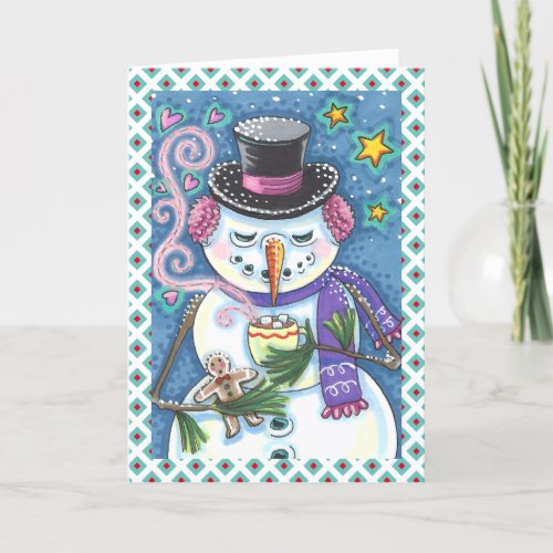 SNOWMAN GINGERBREAD MAN HOT CHOCOLATE MUG Blank Holiday Card