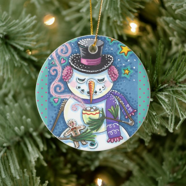 SNOWMAN, GINGERBREAD MAN & MUG OF HOT CHOCOLATE CERAMIC ORNAMENT (Tree)