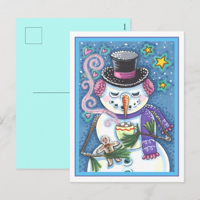 SNOWMAN, GINGERBREAD MAN & MUG OF HOT CHOCOLATE HOLIDAY POSTCARD (Front/Back)