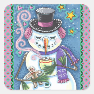 SNOWMAN, GINGERBREAD MAN & MUG OF HOT CHOCOLATE SQUARE STICKER