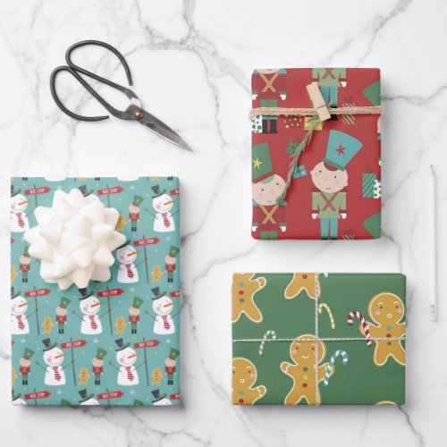 Snowman Gingerbread Man Tin Soldier Christmas Wrapping Paper Sheets