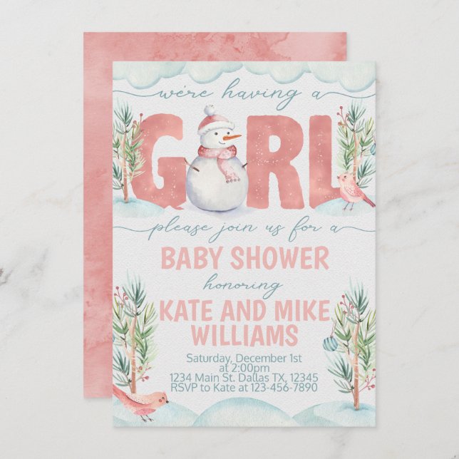 Snowman Girl Baby Shower Invitation Invite (Front/Back)