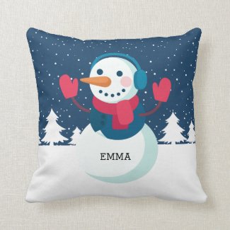 Snowman Girl Personalized Name Christmas Holiday Throw Pillow