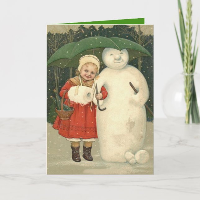 Snowman Girl Umbrella Snowfall Holiday Card (Front)