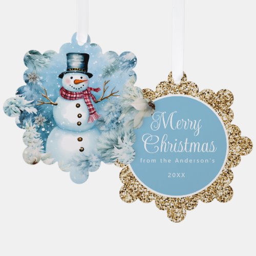 Snowman Gold Merry Christmas Greeting Ornament Card