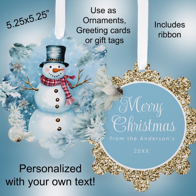 Snowman Gold Merry Christmas Greeting Ornament Card (Creator Uploaded)