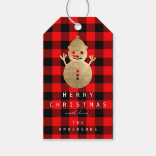 Snowman Gold Merry To Happy Holidays Buffalo Plaid Gift Tags