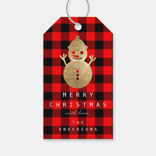 Snowman Gold Merry To Happy Holidays Buffalo Plaid Gift Tags