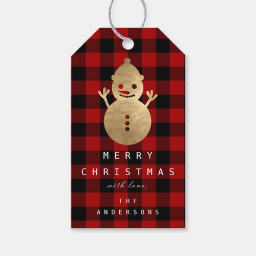 Snowman Gold Merry To Happy Holidays Buffalo Red Gift Tags