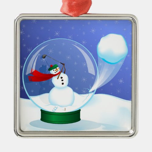 Snowman Golfer in a Snow Globe Metal Ornament