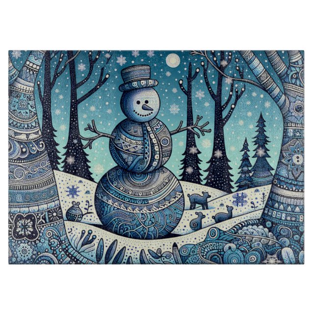 Snowman Gond Panting Cutting Board (Front)