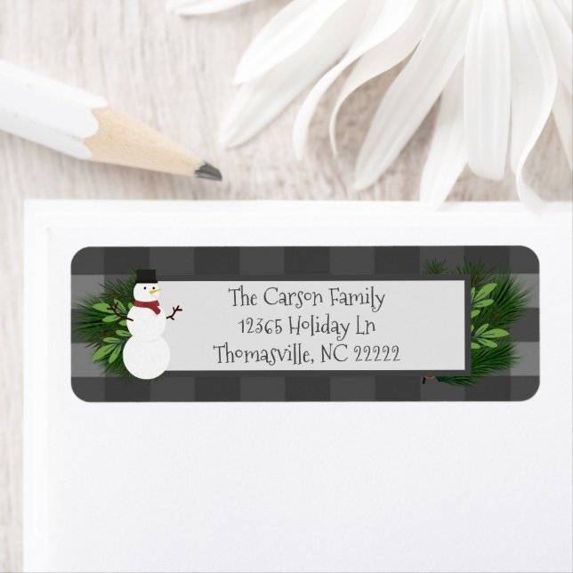 Snowman Gray Buffalo Plaid Address Labels (Insitu)