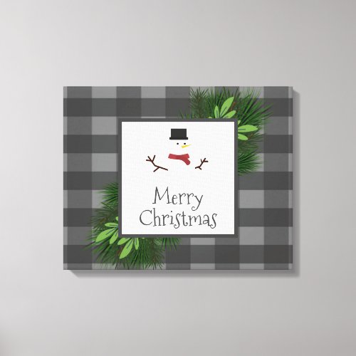 Snowman Gray Buffalo Plaid Canvas Print