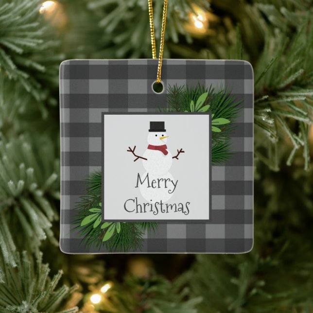 Snowman Gray Buffalo Plaid Ceramic Ornament (Tree)