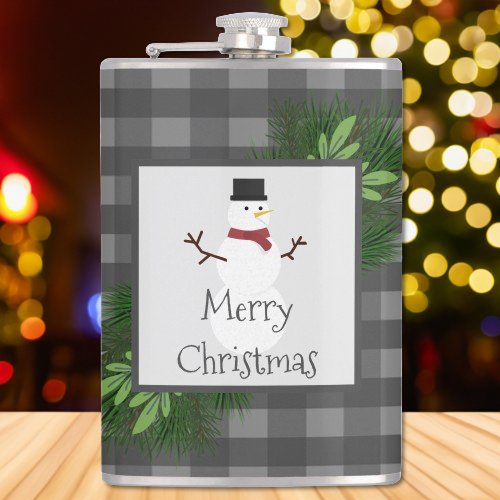 Snowman Gray Buffalo Plaid Flask