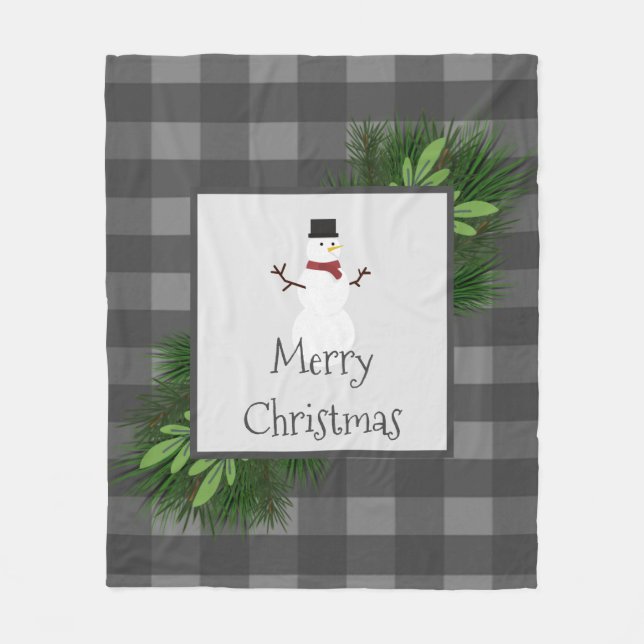 Snowman Gray Buffalo Plaid Fleece Blanket (Front)