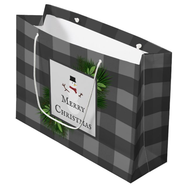 Snowman Gray Buffalo Plaid Gift Bag (Front Angled)