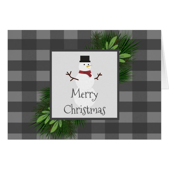 Snowman Gray Buffalo Plaid Greeting Card (Front Horizontal)