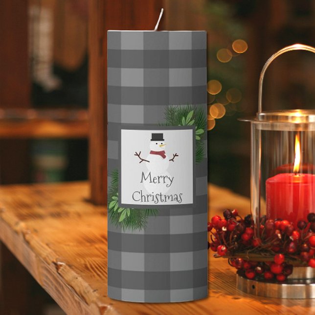 Snowman Gray Buffalo Plaid Large Pillar Candle (Gray Snowman Buffalo Plaid Large Pillar Candle)