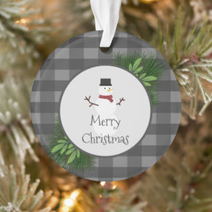 Snowman Gray Buffalo Plaid Ornament