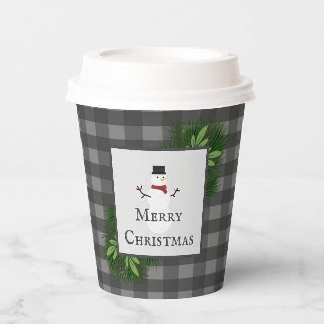 Snowman Gray Buffalo Plaid Paper Cup (Front)