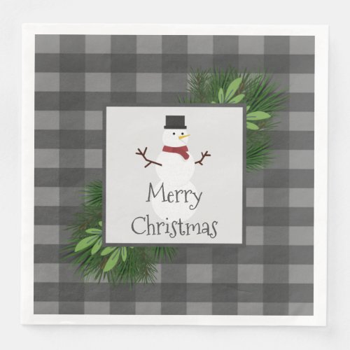 Snowman Gray Buffalo Plaid Paper Napkin