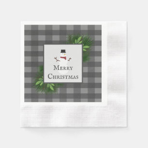 Snowman Gray Buffalo Plaid Paper Napkin