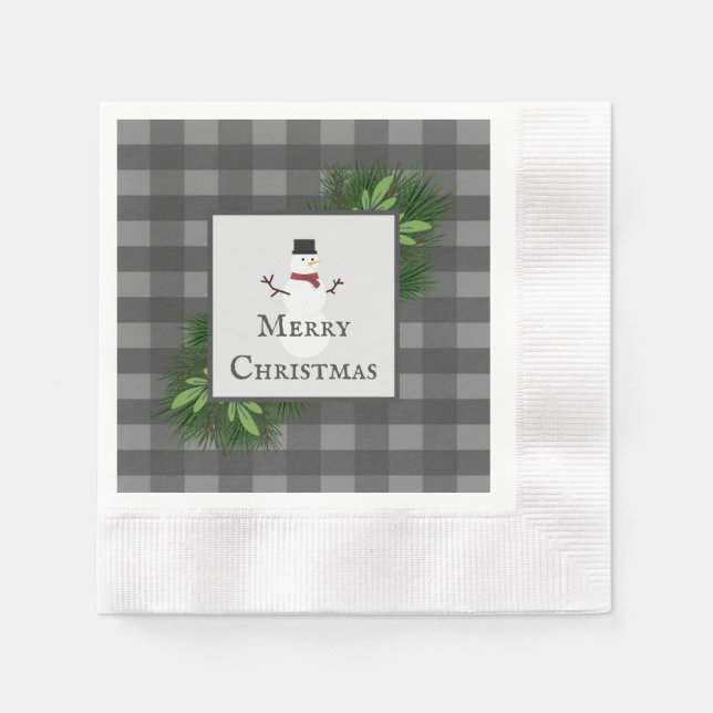 Snowman Gray Buffalo Plaid Paper Napkin (Front)
