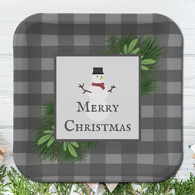 Snowman Gray Buffalo Plaid Paper Plate (Gray Snowman Buffalo Plaid Christmas Paper Plates)