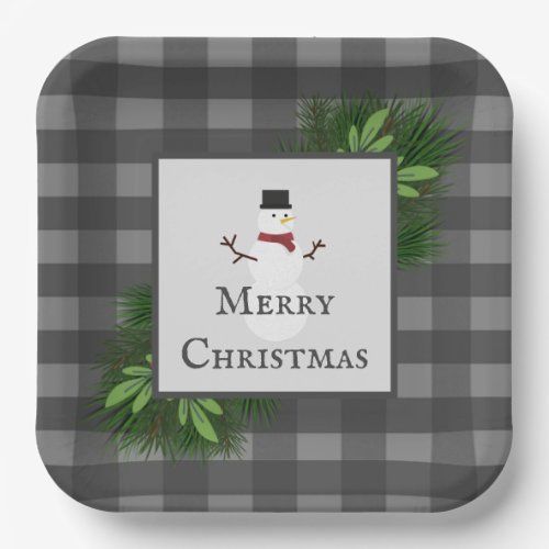 Snowman Gray Buffalo Plaid Paper Plate