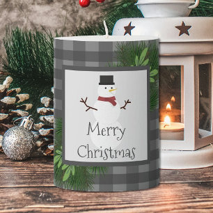 Snowman Gray Buffalo Plaid Pillar Candle
