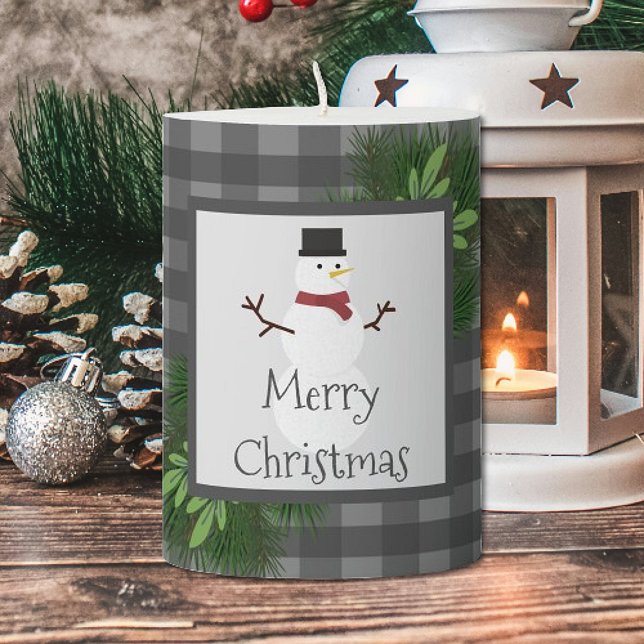 Snowman Gray Buffalo Plaid Pillar Candle (Gray Snowman Buffalo Plaid Pillar Candle)