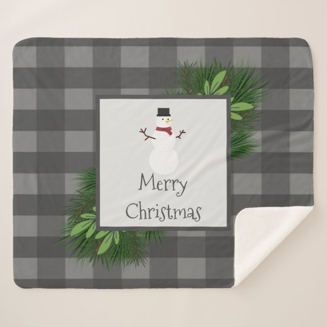 Snowman Gray Buffalo Plaid Sherpa Blanket (Front (Horizontal))