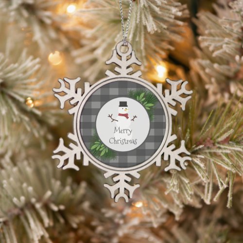 Snowman Gray Buffalo Plaid Snowflake Ornament