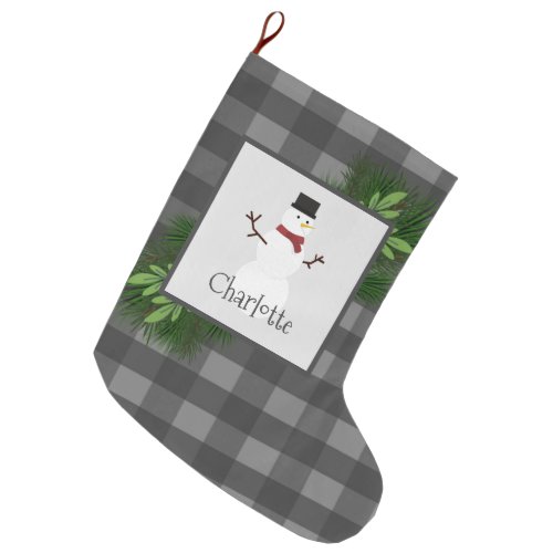 Snowman Gray Buffalo Plaid Stocking