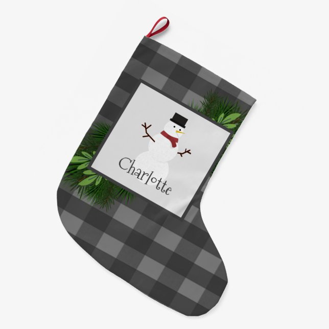 Snowman Gray Buffalo Plaid Stocking (Front (Hanging))
