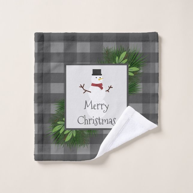 Snowman Gray Buffalo Plaid Towel Set (Wash Cloth)
