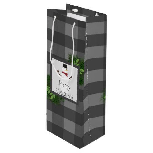 Snowman Gray Buffalo Plaid Wine Gift Bag