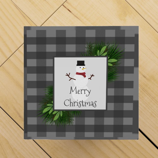 Snowman Gray Buffalo Plaid Wine Gift Box (Top)