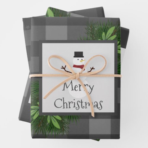 Snowman Gray Buffalo Plaid Wrapping Paper