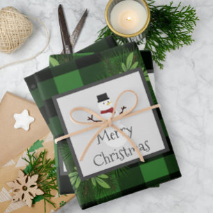 Snowman Green Buffalo Plaid   Black and Green Wrapping Paper Sheets