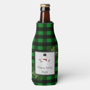 Snowman Green Buffalo Plaid Bottle Cooler
