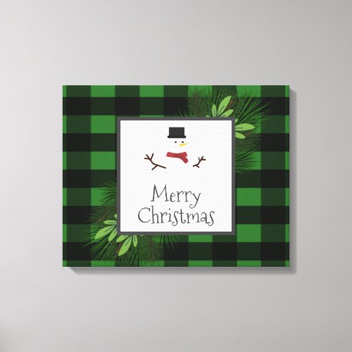 Snowman Green Buffalo Plaid Canvas Print