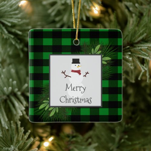 Snowman Green Buffalo Plaid Ceramic Ornament