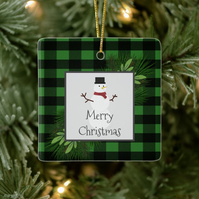 Snowman Green Buffalo Plaid Ceramic Ornament (Tree)