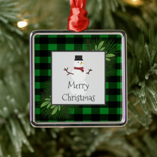 Snowman Green Buffalo Plaid Ceramic Ornament